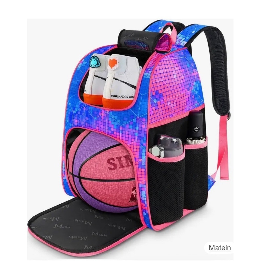 MATEIN Sports Ball Backpack Shoe Compartment Fence Hook‎ Blue Pink geometric NWT